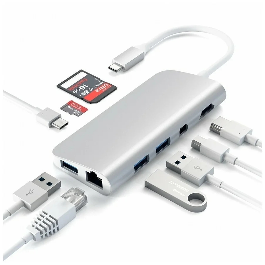 USB-концентратор Satechi Aluminum Type-C Multimedia Adapter (ST-TCMM8PA), разъемов: 4, silver - фото 2